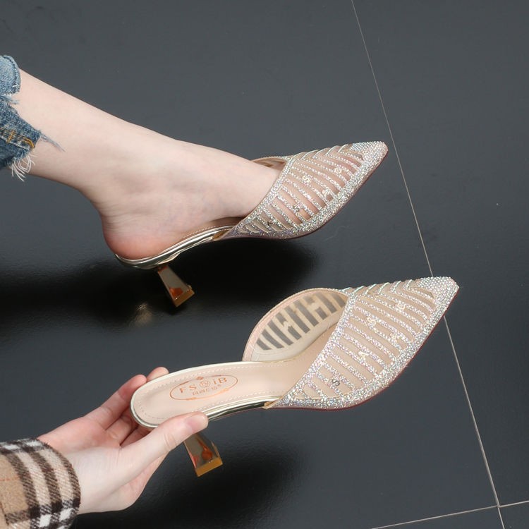 Net Yarn Rhinestone Stiletto Net Red Slippers