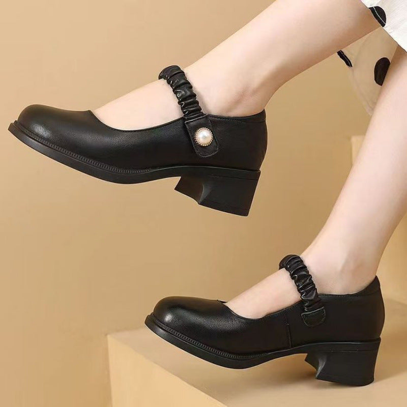 Mary Jane Leather Shoes Women's Pearl Japanese Style