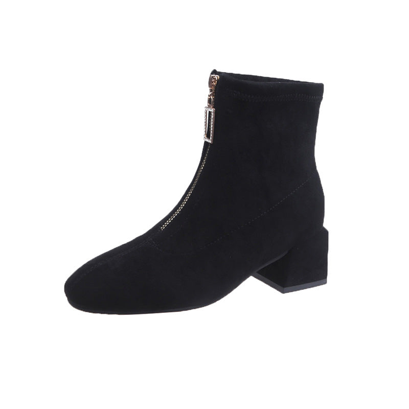 Female British Style Slim Front Zipper Round-toe Short Boots