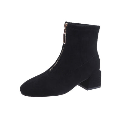 Female British Style Slim Front Zipper Round-toe Short Boots