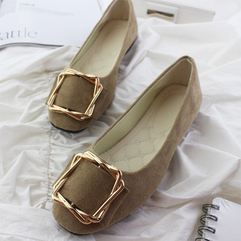Toe Comfortable Large Size Square Buckle Flats Women's Shoes