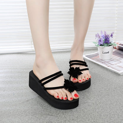 Summer new high heels and thick bottom ladies' slippers flowers
