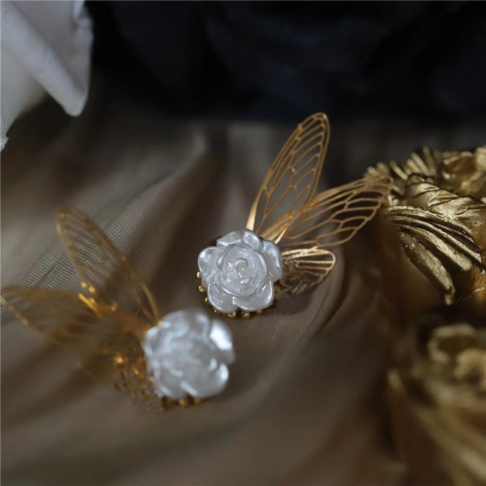 Moonlight Cicada Wing Retro Gentle Pearl Flower Butterfly Cicada Wing Ear Studs Niche Design Elegant Earrings