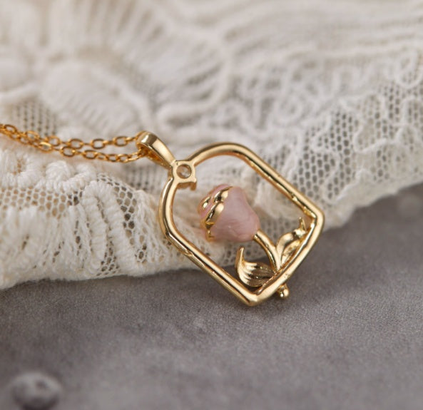 Gentle  Rose Enamel Flowers Titanium Steel Necklace