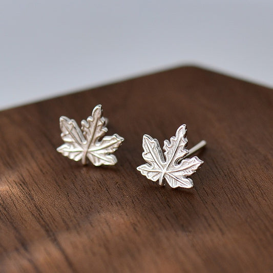 Silver Maple Leaf Stud Earrings Female Gentle Leaf Shape