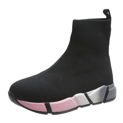 New Round Head Thick Bottom Shallow Mouth Flyknit Elastic Sports High-top Pumps