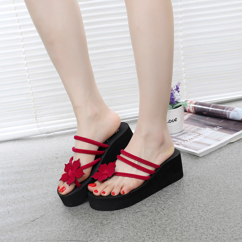 Summer new high heels and thick bottom ladies' slippers flowers