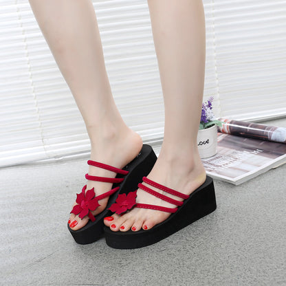 Summer new high heels and thick bottom ladies' slippers flowers