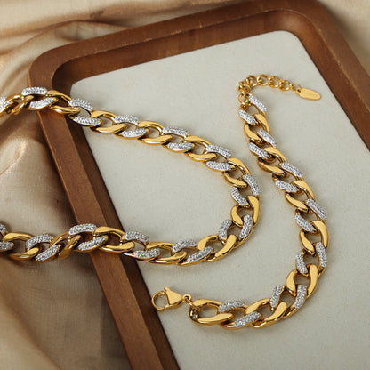 French Style Cool Style Affordable Luxury Fashion Gentle Elegant Jewelry Cuban Link Chain Diamond-studded Design Titanium Steel Gold-plated Jewelry Suit