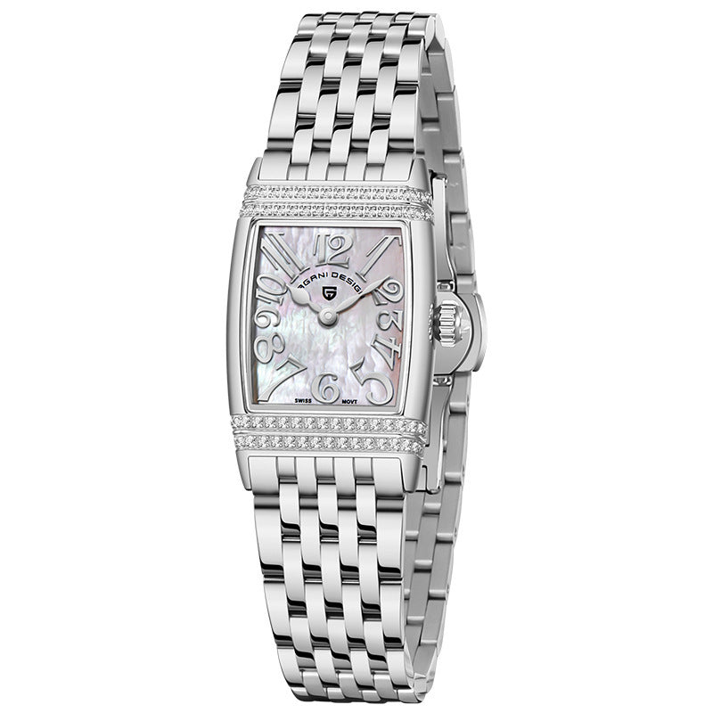 Women's Fashion Shell Face Square Quartz Watch With Diamonds