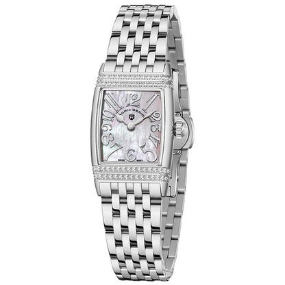 Women's Fashion Shell Face Square Quartz Watch With Diamonds