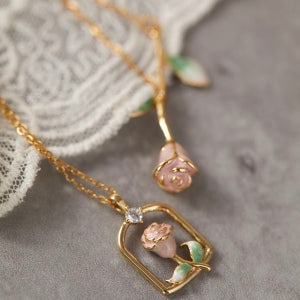 Gentle  Rose Enamel Flowers Titanium Steel Necklace
