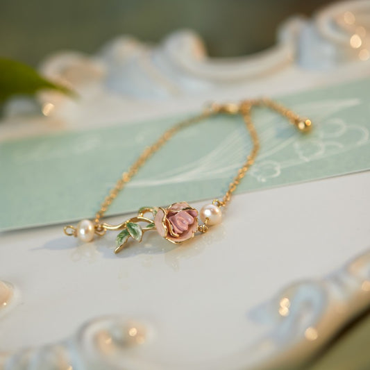Super Gentle Rose Retro Exquisite Enamel Drip Glazed Brass Gold-plated Pearl Bracelet