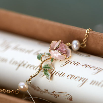 Super Gentle Rose Retro Exquisite Enamel Drip Glazed Brass Gold-plated Pearl Bracelet