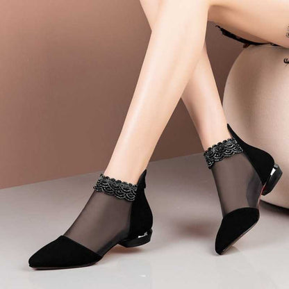 Rhinestone Sandals For Women Spring And Summer New Rhinestone Net Boots Hollow-out Flat Heel Flat Chunky Heel Frosted Closed Toe Sandal Boots