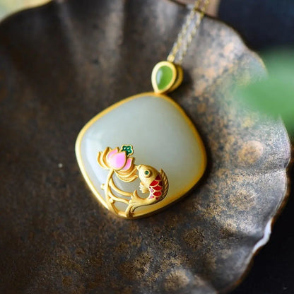 Carp Natural Hetian Jade Ancient Dynasty Pendant Vintage Gold-plated Lotus Design Gentle Clavicle Chain