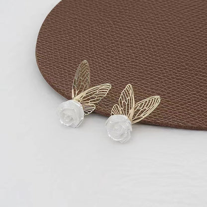Moonlight Cicada Wing Retro Gentle Pearl Flower Butterfly Cicada Wing Ear Studs Niche Design Elegant Earrings