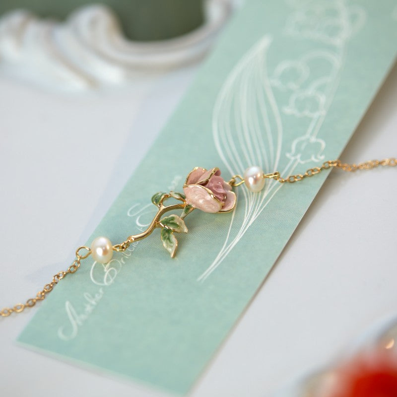 Super Gentle Rose Retro Exquisite Enamel Drip Glazed Brass Gold-plated Pearl Bracelet