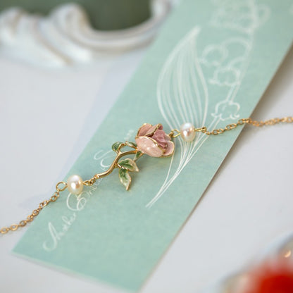 Super Gentle Rose Retro Exquisite Enamel Drip Glazed Brass Gold-plated Pearl Bracelet