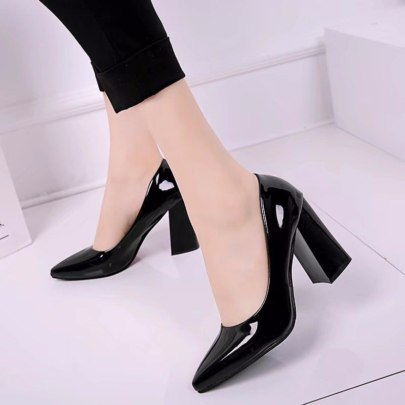 Women's Thick Heel Pointed OL Patent Leather Shoes