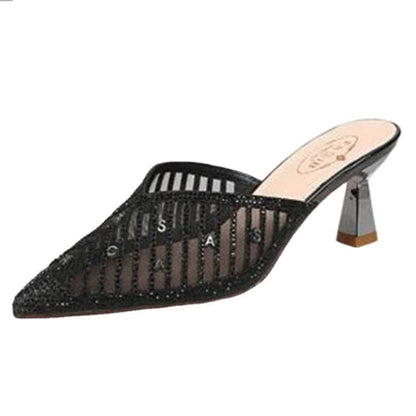 Net Yarn Rhinestone Stiletto Net Red Slippers