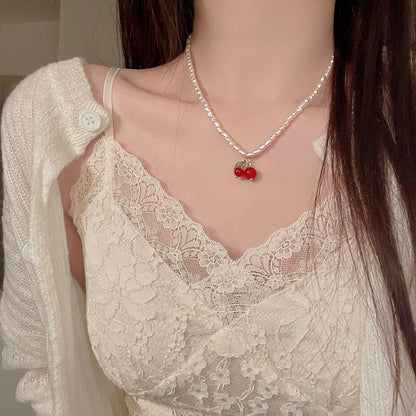 Summer Gentle Pearl Cherry Necklace Light Luxury Small Temperament Sweet Collarbone Chain