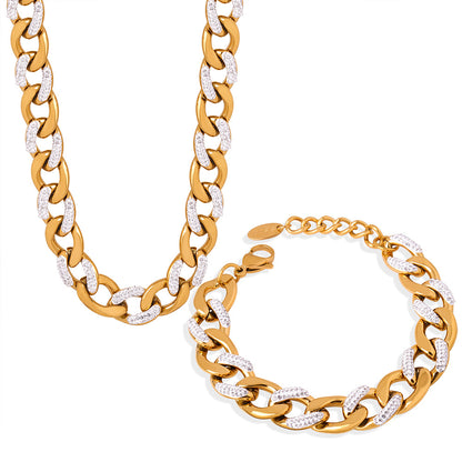 French Style Cool Style Affordable Luxury Fashion Gentle Elegant Jewelry Cuban Link Chain Diamond-studded Design Titanium Steel Gold-plated Jewelry Suit