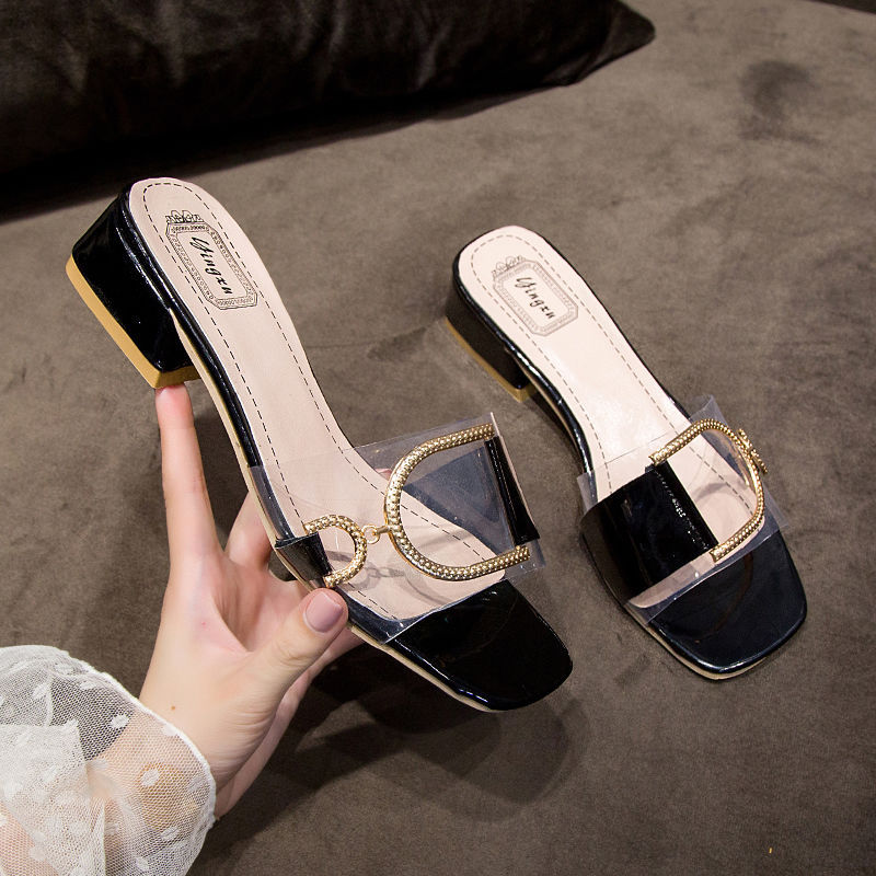 Thick High Heel Slippers With Metal Buckle For Women