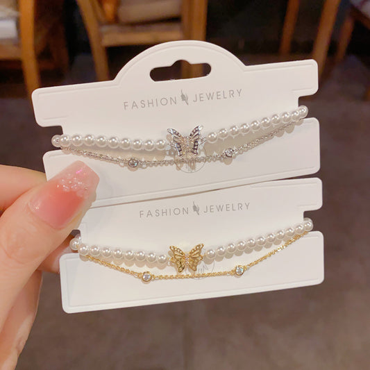 Light Luxury Gentle Versatile Double-layer Pearl Chain Butterfly Bracelet