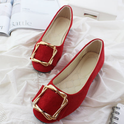 Toe Comfortable Large Size Square Buckle Flats Women's Shoes
