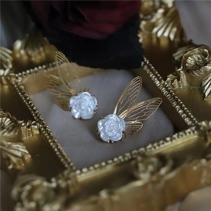 Moonlight Cicada Wing Retro Gentle Pearl Flower Butterfly Cicada Wing Ear Studs Niche Design Elegant Earrings