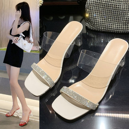 One Word With Crystal And European And American Large Size High-heel Slippers