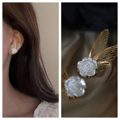 Moonlight Cicada Wing Retro Gentle Pearl Flower Butterfly Cicada Wing Ear Studs Niche Design Elegant Earrings