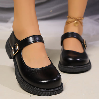 One-word Belt Buckle Shallow Mouth Flat Bottom Muffin Bottom Plus Size Stylish Women's Shoes